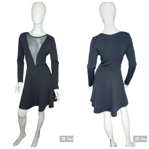 SHEIN Deep V-Neck Sheer Skater Circle LBD Little Black Dress Long sleeve Emo